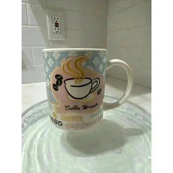 Coffee Break Themed mug cappuccino Espresso Pink Blue Beans - Picture 1 of 11